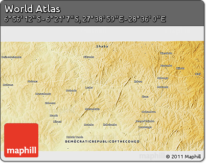 Physical 3D Map of the Area around 6° 38' 39" S, 28° 7' 30" E