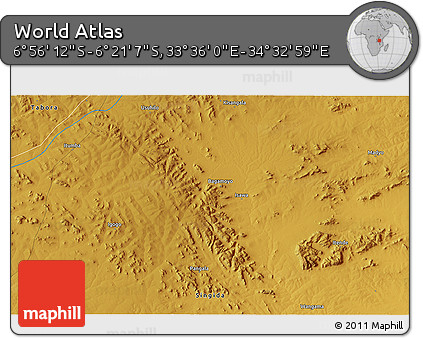 Physical 3D Map of the Area around 6° 38' 39" S, 34° 4' 30" E