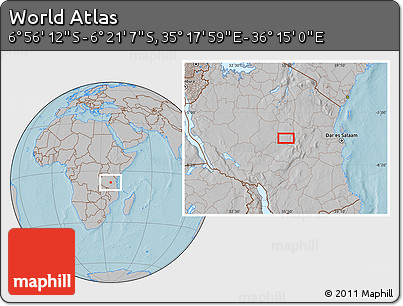 Gray Location Map of the Area around 6° 38' 39" S, 35° 46' 29" E, hill shading