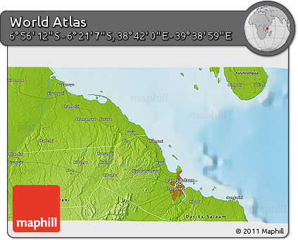 Physical 3D Map of the Area around 6° 38' 39" S, 39° 10' 29" E
