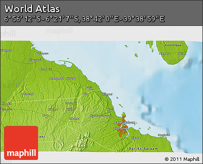 Physical 3D Map of the Area around 6° 38' 39" S, 39° 10' 29" E
