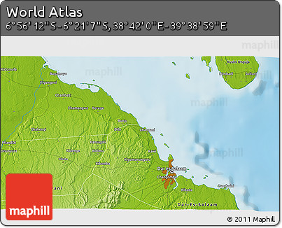 Physical 3D Map of the Area around 6° 38' 39" S, 39° 10' 29" E