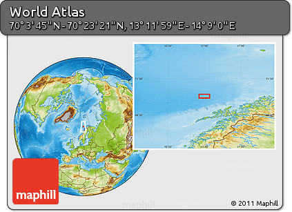 Physical Location Map of the Area around 70° 13' 33" N, 13° 40' 30" E