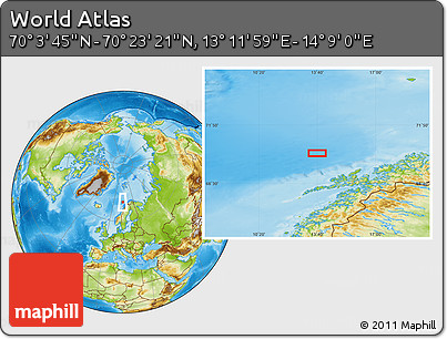 Physical Location Map of the Area around 70° 13' 33" N, 13° 40' 30" E