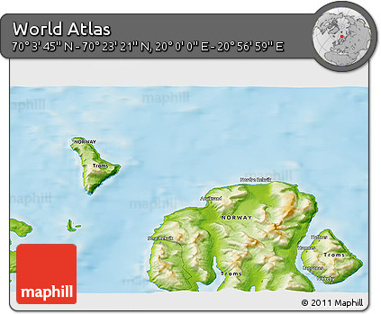 Physical 3D Map of the Area around 70° 13' 33" N, 20° 28' 30" E