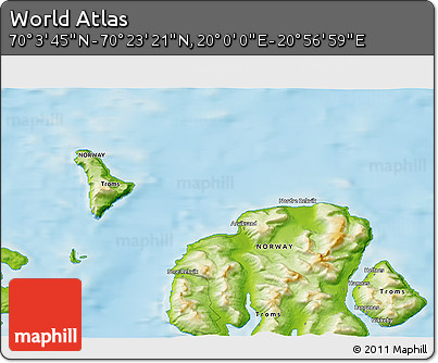 Physical 3D Map of the Area around 70° 13' 33" N, 20° 28' 30" E