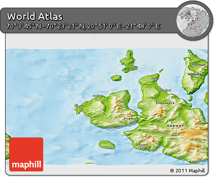 Physical 3D Map of the Area around 70° 13' 33" N, 21° 19' 30" E