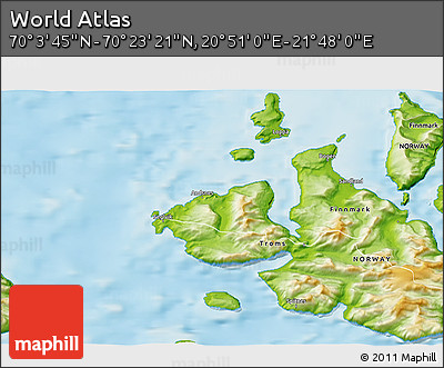 Physical 3D Map of the Area around 70° 13' 33" N, 21° 19' 30" E