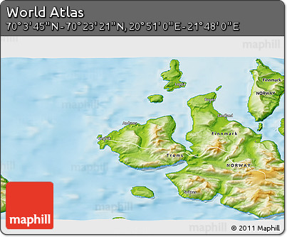 Physical 3D Map of the Area around 70° 13' 33" N, 21° 19' 30" E