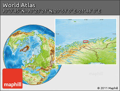 Physical Location Map of the Area around 70° 13' 33" N, 21° 19' 30" E