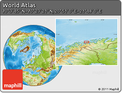 Physical Location Map of the Area around 70° 13' 33" N, 21° 19' 30" E