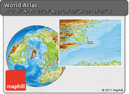 Physical Location Map of the Area around 70° 13' 33" N, 21° 10' 29" W