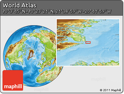 Physical Location Map of the Area around 70° 13' 33" N, 21° 10' 29" W