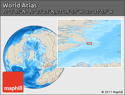Shaded Relief Location Map of the Area around 70° 13' 33" N, 21° 10' 29" W