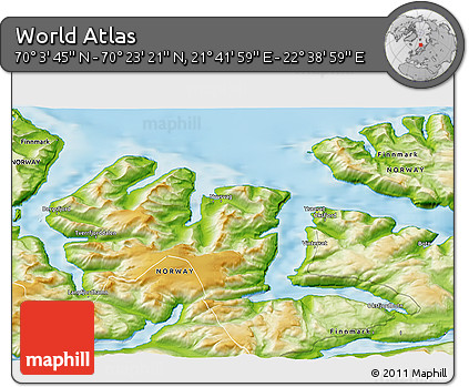 Physical 3D Map of the Area around 70° 13' 33" N, 22° 10' 29" E