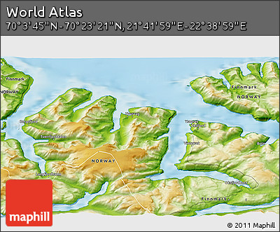 Physical 3D Map of the Area around 70° 13' 33" N, 22° 10' 29" E