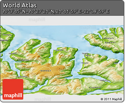 Physical 3D Map of the Area around 70° 13' 33" N, 22° 10' 29" E