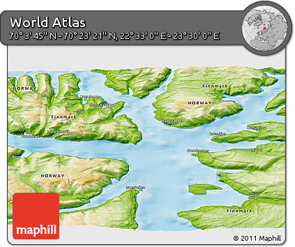 Physical 3D Map of the Area around 70° 13' 33" N, 23° 1' 29" E