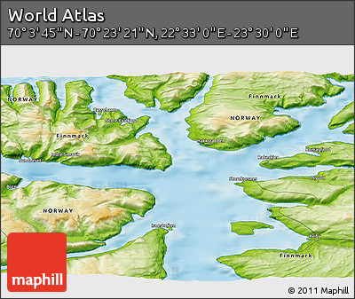 Physical 3D Map of the Area around 70° 13' 33" N, 23° 1' 29" E