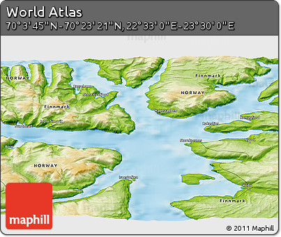 Physical 3D Map of the Area around 70° 13' 33" N, 23° 1' 29" E