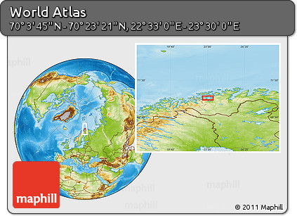 Physical Location Map of the Area around 70° 13' 33" N, 23° 1' 29" E