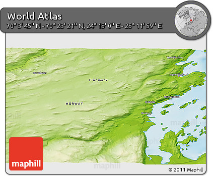 Physical 3D Map of the Area around 70° 13' 33" N, 24° 43' 30" E