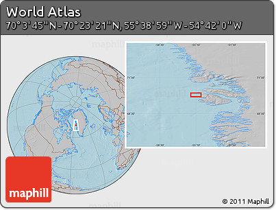 Gray Location Map of the Area around 70° 13' 33" N, 55° 10' 29" W, hill shading