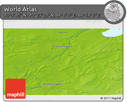 Physical 3D Map of the Area around 70° 13' 33" N, 88° 28' 29" E