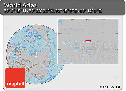Gray Location Map of the Area around 70° 13' 33" N, 92° 43' 29" E, hill shading