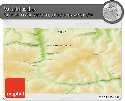 Physical 3D Map of the Area around 70° 13' 33" N, 94° 25' 30" E