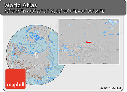 Gray Location Map of the Area around 70° 13' 33" N, 96° 7' 30" E, hill shading