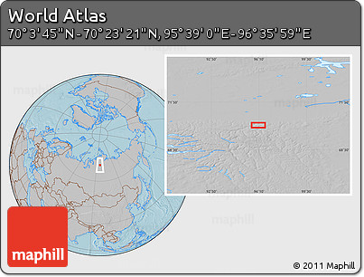 Gray Location Map of the Area around 70° 13' 33" N, 96° 7' 30" E, hill shading