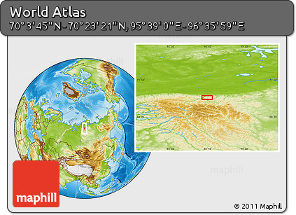 Physical Location Map of the Area around 70° 13' 33" N, 96° 7' 30" E