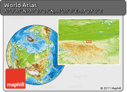 Physical Location Map of the Area around 70° 13' 33" N, 96° 58' 29" E
