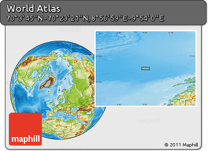 Physical Location Map of the Area around 70° 13' 33" N, 9° 25' 30" E