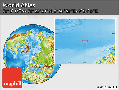 Physical Location Map of the Area around 70° 13' 33" N, 9° 25' 30" E