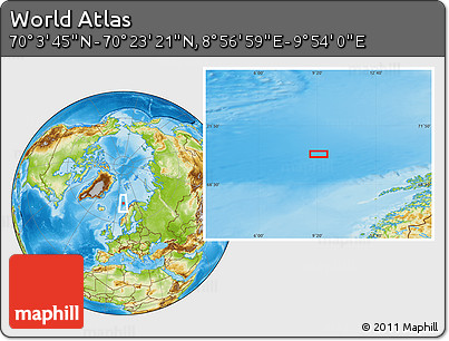 Physical Location Map of the Area around 70° 13' 33" N, 9° 25' 30" E