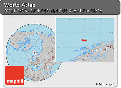 Gray Location Map of the Area around 70° 31' 2" N, 15° 22' 30" E