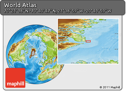 Physical Location Map of the Area around 70° 31' 2" N, 21° 10' 29" W