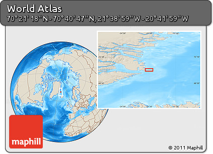 Shaded Relief Location Map of the Area around 70° 31' 2" N, 21° 10' 29" W