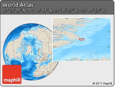 Shaded Relief Location Map of the Area around 70° 31' 2" N, 21° 10' 29" W