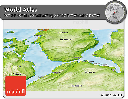Physical 3D Map of the Area around 70° 31' 2" N, 23° 52' 30" E