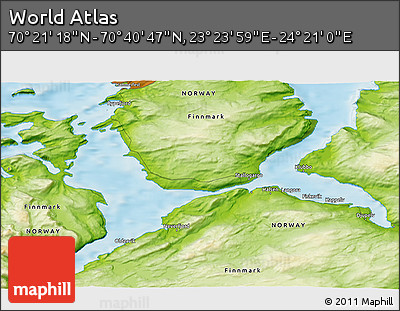 Physical 3D Map of the Area around 70° 31' 2" N, 23° 52' 30" E
