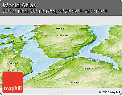 Physical 3D Map of the Area around 70° 31' 2" N, 23° 52' 30" E