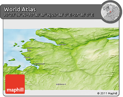 Physical 3D Map of the Area around 70° 31' 2" N, 27° 16' 29" E