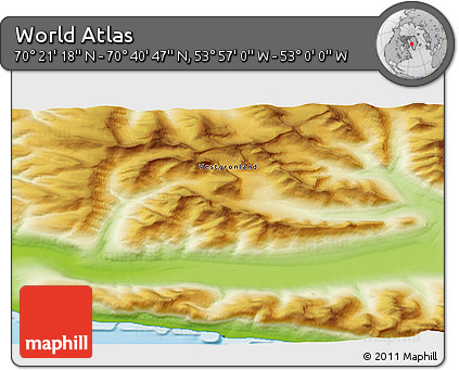 Physical 3D Map of the Area around 70° 31' 2" N, 53° 28' 30" W