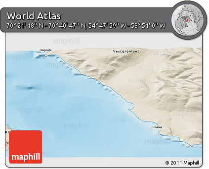 Shaded Relief 3D Map of the Area around 70° 31' 2" N, 54° 19' 30" W