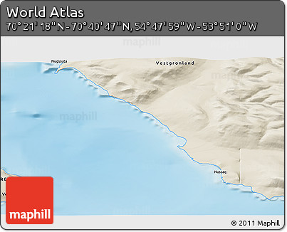 Shaded Relief 3D Map of the Area around 70° 31' 2" N, 54° 19' 30" W