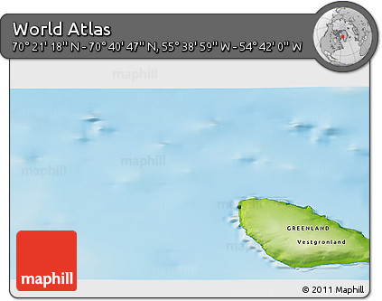 Physical 3D Map of the Area around 70° 31' 2" N, 55° 10' 29" W