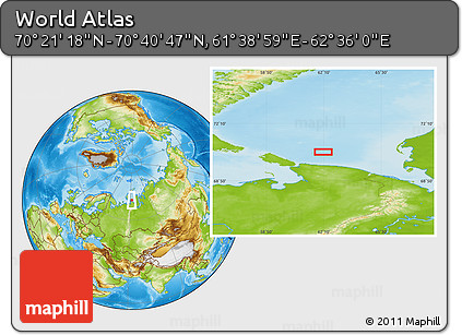 Physical Location Map of the Area around 70° 31' 2" N, 62° 7' 30" E